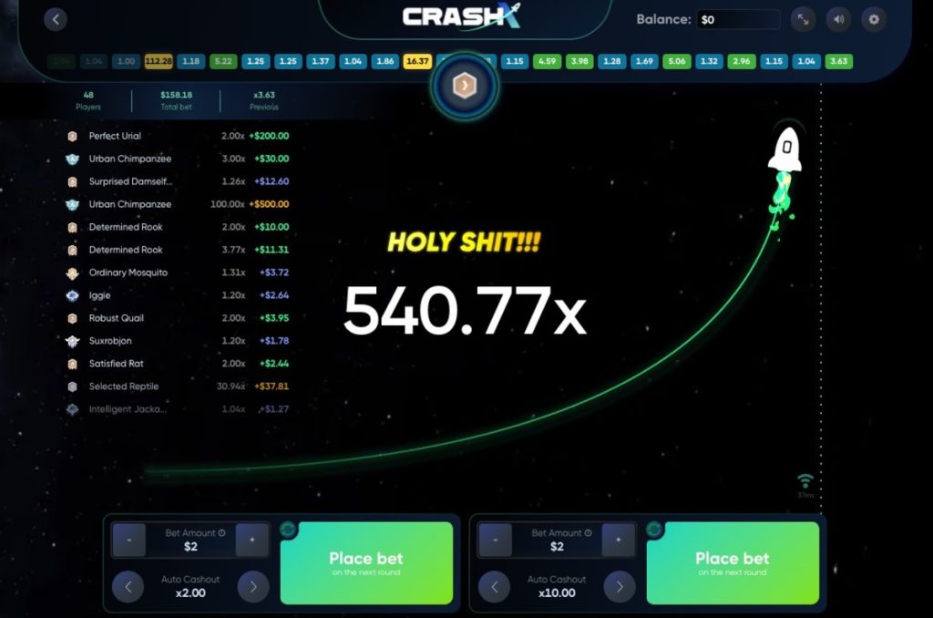 Crash X gameplay showing rising multiplier and cashout button