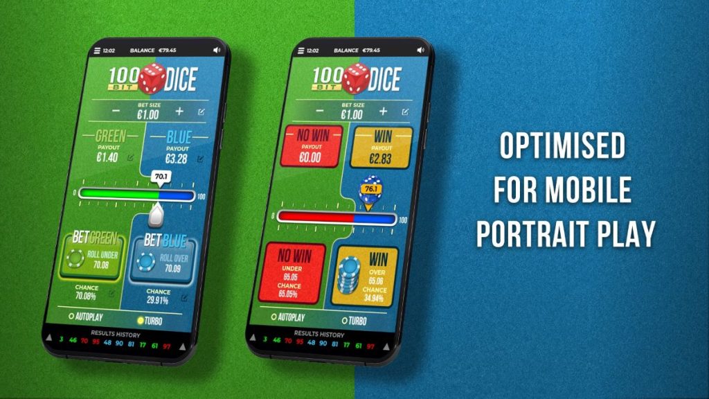 Two smartphones displaying the text "100 dice portrait play" on their screens, showcasing a modern gaming theme.